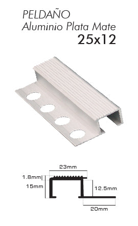 PERFIL PELDAÑO ALUMINIO PLATA MATE 25X12MM (PPA25X12PM) TIRATRIM