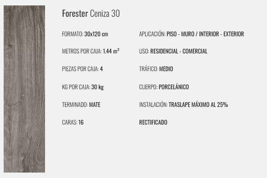 DUELA FORESTER CENIZA 30X120 1.44 (ZB1FR-CZ30) INTERCASA