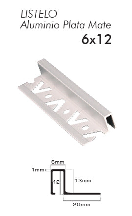 LISTELO DE ALUMINIO 6X12 PLATA MATE(LA6X12PM)PLASTITRIM