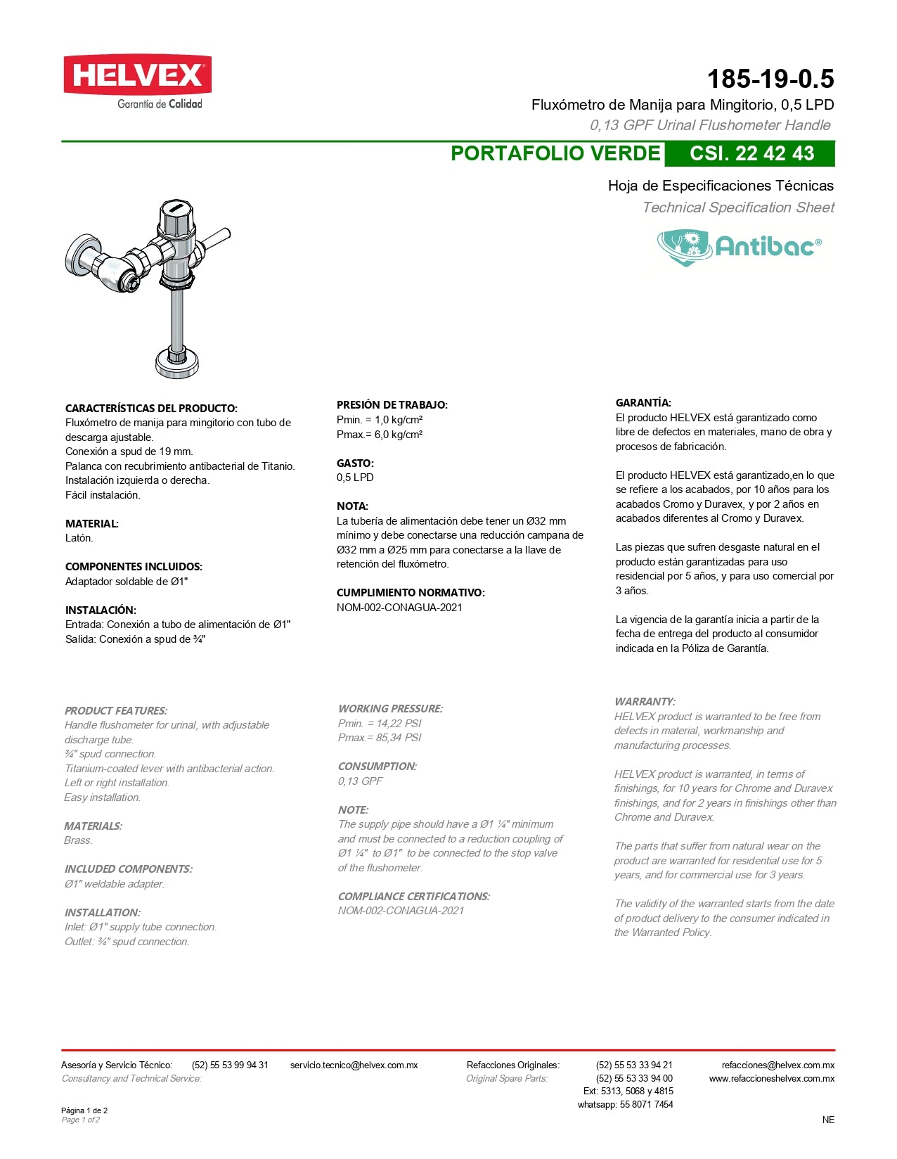 FLUXOMETRO DE MANIJA (185-19-0.5) HELVEX