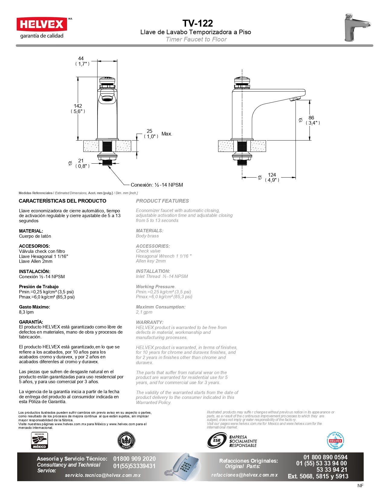 LLAVE DE CIERRE AUTOMATICO (TV-122) HELVEX