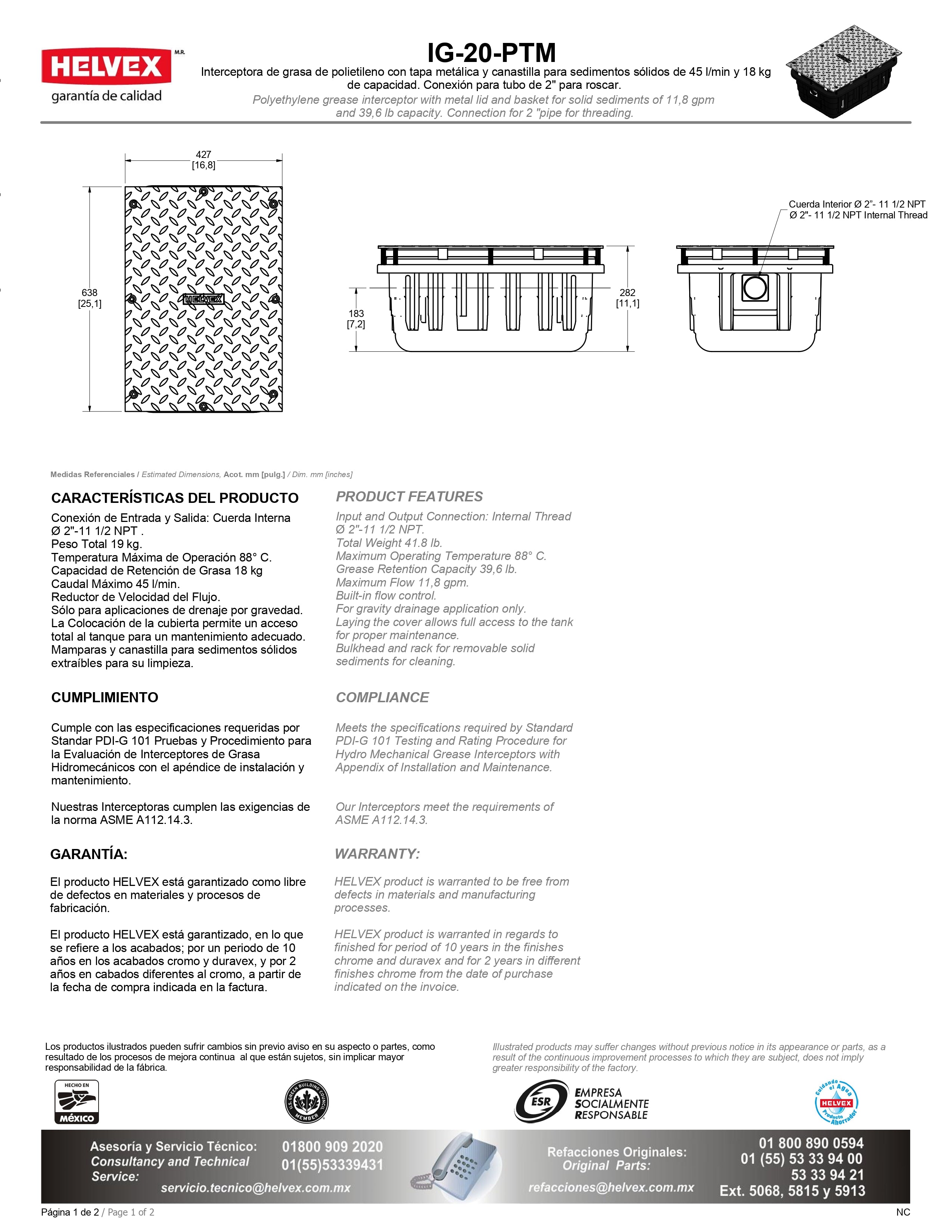 INTERCEPTOR PARA GRASAS Y TAPA DE ACERO (IG-20-PTM)HELVEX