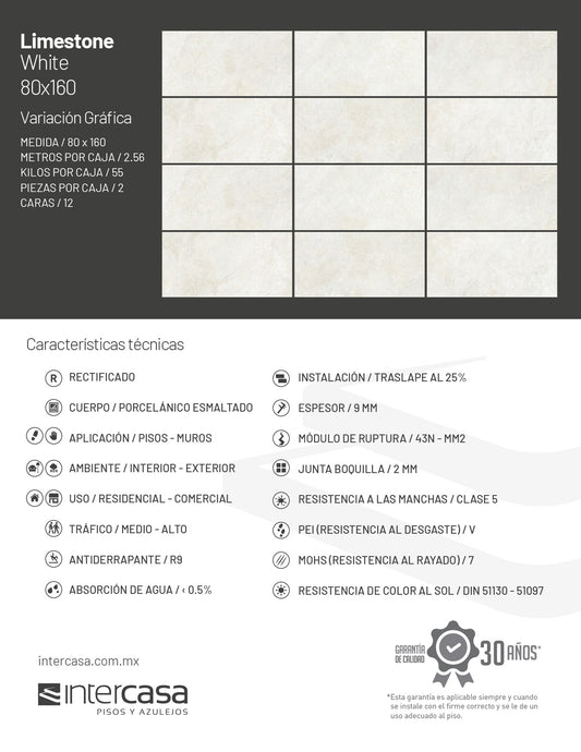 LOSETA PORCELANICA LIMESTONE WHITE MT 80X160 2.56/CAJA (IG1LM-WT)  INTERCASA