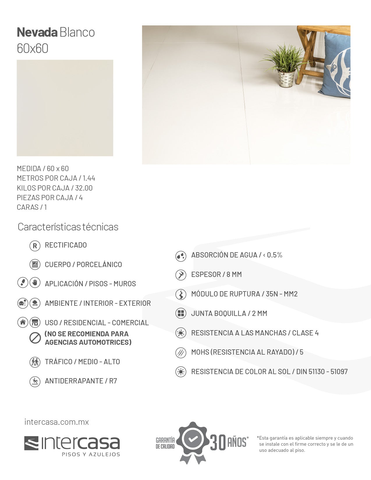 PISO NEVADA BLANCO 60X60 (1.44MTS) AN-1NV-BL (INTERCASA)